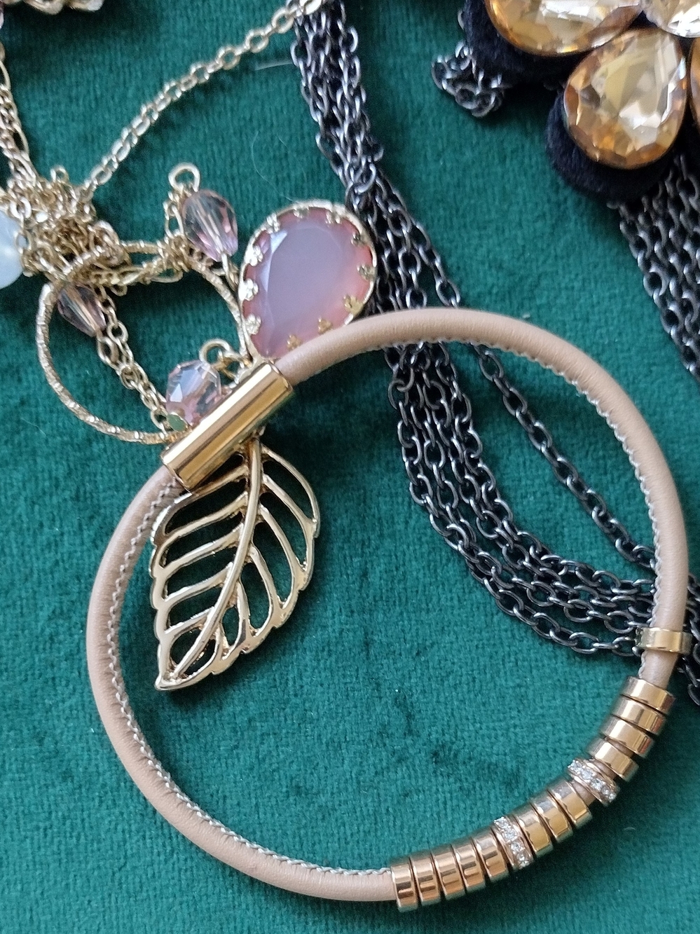 Gold-Tone Flower Ribbon /Assorted Chain Necklaces / Leather Bracelet Jewelry